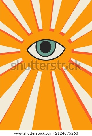 One eyed sun. The circle of the phase of the eye is one. Psychedelic retro style. Vector illustration isolated on white background. Flat design, cartoon.