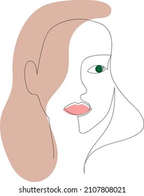 One face line. Minimalist continuous line sketch of a female face. Woman portrait black and white artistic outline hand drawing. 