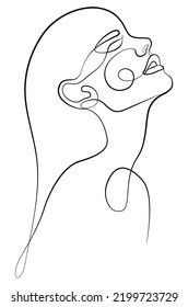 One face line. Minimalist continuous linear drawing of a female face. Female portrait artistic contour. The head of a modern art girl for a beauty salon logo.