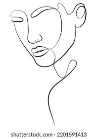 One face line. Minimalist continuous linear drawing of a female face. Female portrait artistic contour. The head of a modern art girl for a beauty salon logo.