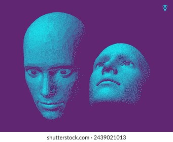 Una cara está mirando hacia arriba, la otra cara está mirando. Concepto de tecnología y robótica. Ilustración vectorial 3D para banner, póster, portada, folleto o presentación.