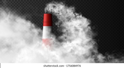 One factory stack with a dense smoke floating from it isolated on the dark transparent background. Heavy urban power plant avalanche-like clouds. 3d realistic vector illustration.