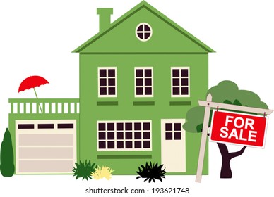 One family house with a sign for sale, vector illustration