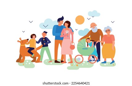 One family seasons composition with outdoor view of doodle family members in spring vector illustration