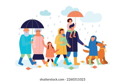 One family seasons composition with outdoor view of doodle family members in autumn vector illustration