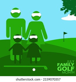 One Family Silhouette Icon Standing On Golf Field For Exercise On Cloudy Sky With Trees And Bold Texts, Family Golf Month July