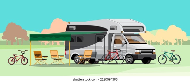 One family went on a bicycle tour when he used a van to carry several bikes so everyone could have a bike to ride. Flat vector illustration design