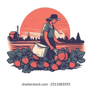 One farmer harvesting fresh strawberries in nature icon isolated