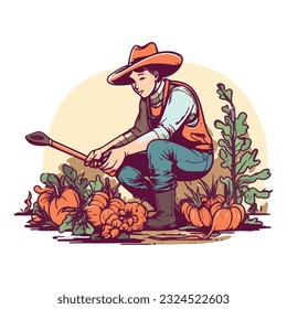 One farmer harvesting pumpkin in autumn outdoors icon isolated