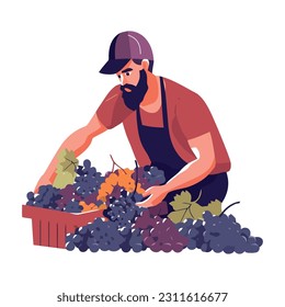 One farmer holding a basket of ripe grapes icon isolated