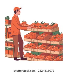 One farmer smiling, holding fresh organic produce icon isolated