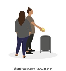 One fat female character is throwing a bun in the trash can and a second fat female character is looking at it on a white background