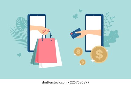 One female hand with packages and the other holding a credit card with gold coins around coming out of smartphone screens. Online shopping concept. Vector illustration in flat style
