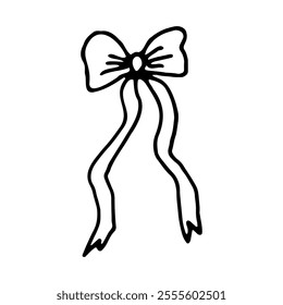 One festive bow with ribbons is a hand-drawn design element for the celebration day. Vector illustration in the form of doodles. For greeting cards, stickers and seasonal design.