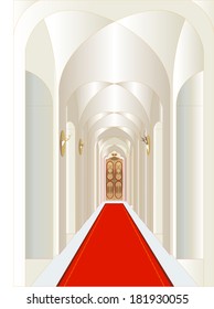 One of the fictional castle corridors with doors in the corridor hunting trophies on the walls, on the ground red carpet lined pattern gold. The front door is decorated with carved frame is shaped