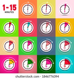 One to Fifteen Minutes Vector Clock Icons