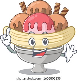 One Finger banana split in mascot cartoon character style