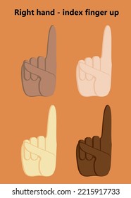 Icono de gesto con una mano en el dedo. 4 colores de piel de la mano derecha. Dibujo de un icono vector de gesto de la mano del dedo índice para el diseño web aislado en el fondo naranja.