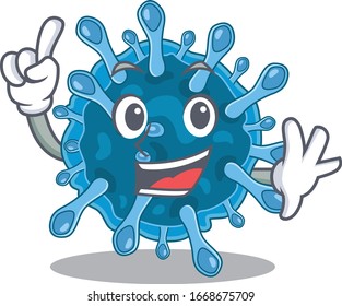 Ein Finger-mikroskopisches Korona-Virus im Stil eines Maskottcartoons