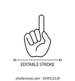 One finger pointing linear icon. Pointing with index finger of hand at something. Thin line customizable illustration. Contour symbol. Vector isolated outline drawing. Editable stroke