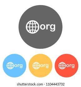 one of first domains for non-profit organization, globe and org. Set of white icons on colored circles