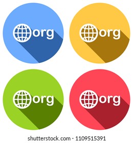 one of first domains for non-profit organization, globe and org. Set of white icons with long shadow on blue, orange, green and red colored circles. Sticker style