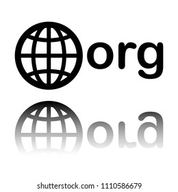 one of first domains for non-profit organization, globe and org. Black icon with mirror reflection on white background