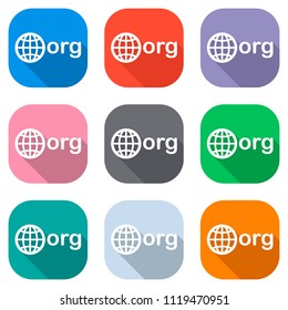 one of first domains for non-profit organization, globe and org. Set of white icons on colored squares for applications. Seamless and pattern for poster