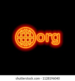 one of first domains for non-profit organization, globe and org. Orange neon style on black background. Light icon