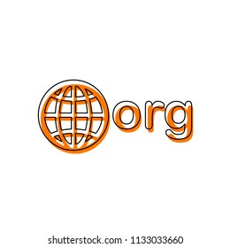 one of first domains for non-profit organization, globe and org. Isolated icon consisting of black thin contour and orange moved filling on different layers. White background