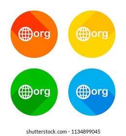 one of first domains for non-profit organization, globe and org. Flat white icon on colored circles background. Four different long shadows in each corners