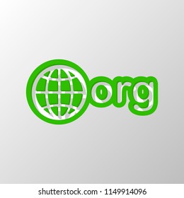 one of first domains for non-profit organization, globe and org. Paper style. Cut symbol with green bold contour on shape and simple shadow