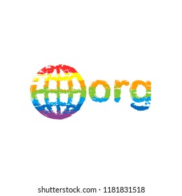 one of first domains for non-profit organization, globe and org. Drawing sign with LGBT style, seven colors of rainbow (red, orange, yellow, green, blue, indigo, violet