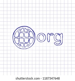 one of first domains for non-profit organization, globe and org. Hand drawn picture on paper sheet. Blue ink, outline sketch style. Doodle on checkered background