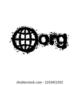 one of first domains for non-profit organization, globe and org. Black ink with splashes on white background