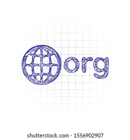 one of first domains for non-profit organization, globe and org. Hand drawn sketched picture with scribble fill. Blue ink. Doodle on white background