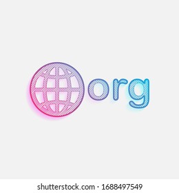 one of first domains for non-profit organization, globe and org. Technology logo with diagonal lines and colored gradient. Neon graphic, light effect. Blue and red colors