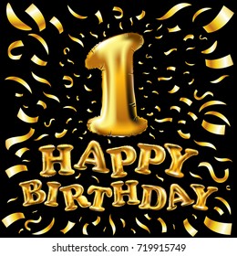 one. first. maiden. top. premier. Golden number 1 four made of inflatable balloon with golden ribbon isolated on black background art vector