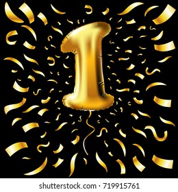 one. first. maiden. top. premier. Golden number 1 four made of inflatable balloon with golden ribbon isolated on black background art vector