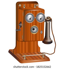 One of the first phones. Wooden with metal parts and a crank handle.