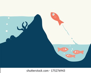 One Fish  jumping to bigger pool, metaphor to being leadership, exploration, or finding better future or situation. 