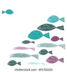 One fish swimming against many fish. Turquoise and purple fishes. Vector illustration on white background