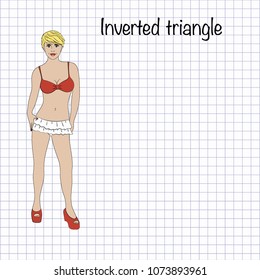 One of the five female body shapes is an inverted triangle. Cartoon woman on the notebook sheet. Vector illustration.