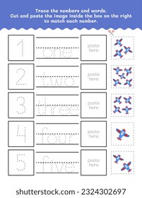 Ein bis fünf Nummern- und Word-Tracing-Arbeitsblatt. Arbeitsblatt mit Bildern schneiden und einfügen. Premium-Vektorelement.