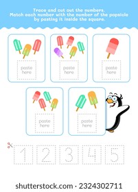 One To Five Number And Word Tracing Worksheet. Cut And Paste Worksheet With Popsicle Pictures. Premium Vector Element.