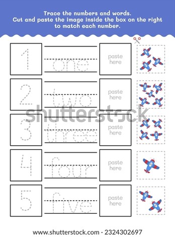 One to Five Number And Word Tracing Worksheet. Cut And Paste Worksheet With Pictures. Premium Vector Element.