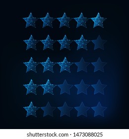 One to five stars rating system. Futuristic glowing low polygonal stars. Luxury service, symbol of success. Modern wireframe design vector illustration. 