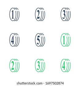 One or five year warranty sign, number two in circle, round three symbol, durable product, durability guarantee, upgrade level, vector line icon set