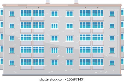 One five-story eastern european building in front view isolated, old soviet building architecture flat style, apartment brick house with balconys