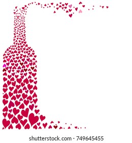 una botella plana de vino compuesta por corazones rojos de diferente forma y tamaño sobre un fondo cuadrado blanco - ilustración vectorial